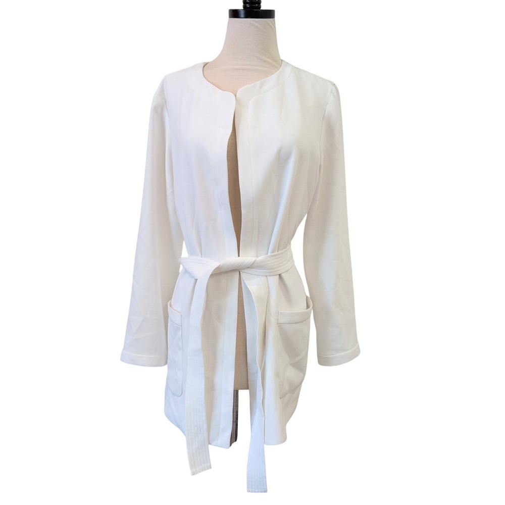Little Moon Aritzia White Belted Open Front Jacket Collarless Pockets Kimono M
